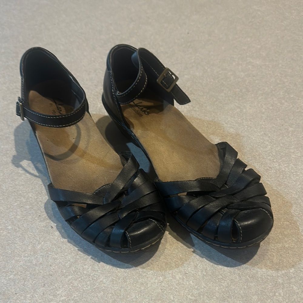 Clarks Bendables Black Leather Ankle Strap Sandals